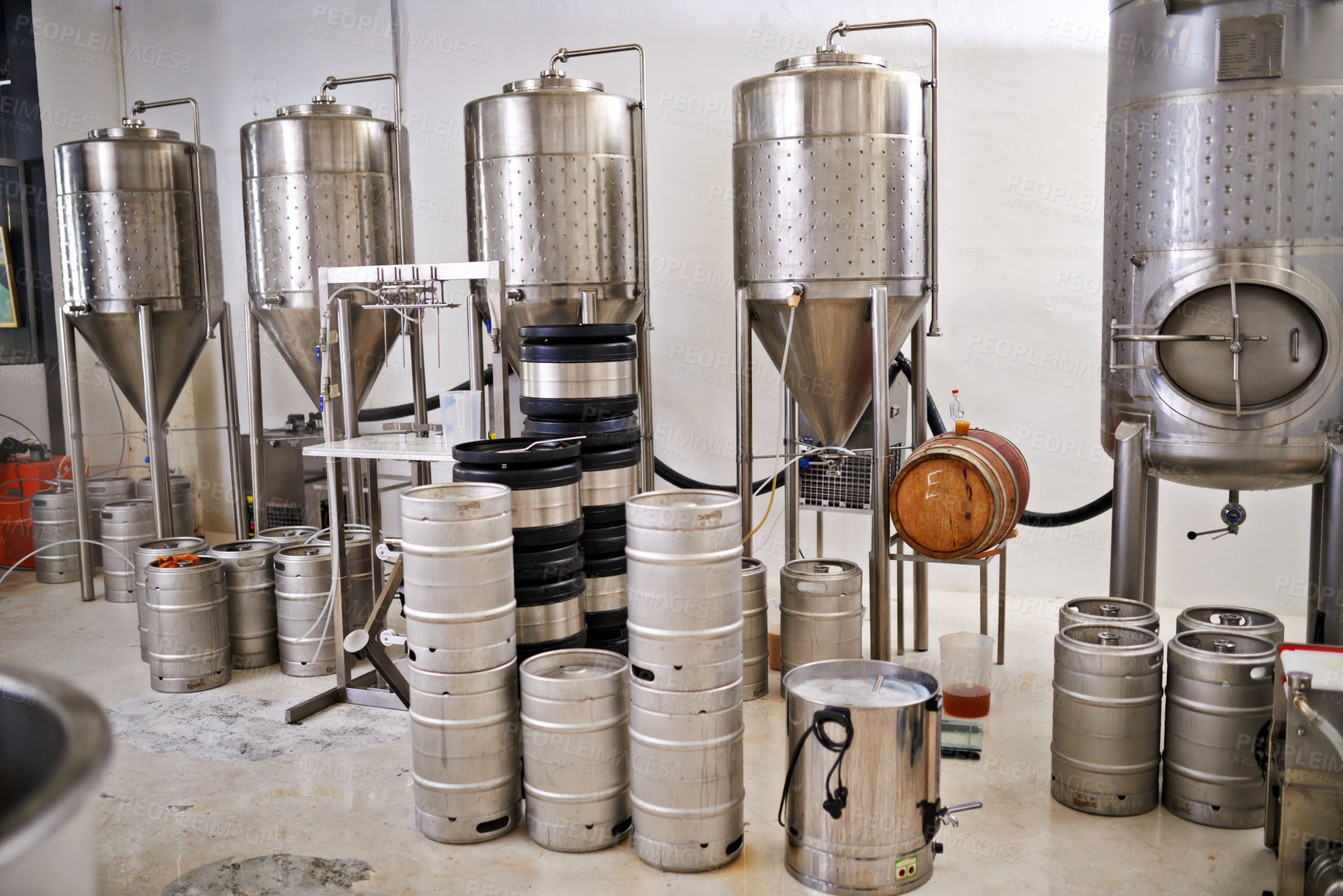 Buy stock photo Brewery, production and steel container in factory or distillery for winery, alcohol and drink manufacturing. Drum, tank and metal equipment or fermentation vessel for beer in the beverage industry