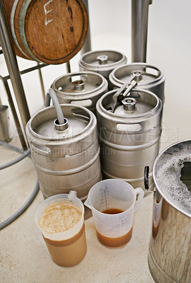 Buy stock photo Brewery, tank and craft beer in container for production with manufacturing process, distillation and alcohol in jug. Industrial industry, closeup and brewing drum in factory, warehouse or distillery