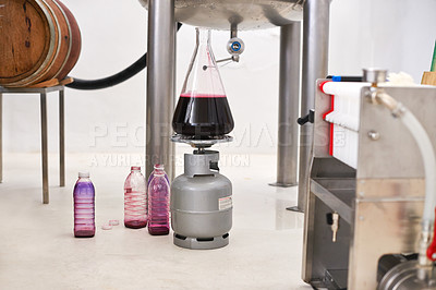 Buy stock photo Winery equipment, glass container and wine production system with gas can in workshop. Manufacturing, canister and barrel with process at alcohol, distillery and pipe for liquid in industrial plant