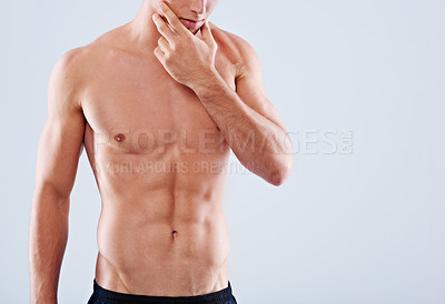 Buy stock photo Man, muscle and health skincare in studio with fitness abs on white background for transformation, self care or confidence. Male person, stomach and wellness on mockup space, chest or dermatology