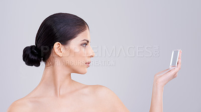 Buy stock photo Woman, beauty and cosmetic with compact mirror, confidence and pride for dermatology, skin and health. Female person, face and wellness in studio, background and clean for pure, skincare and makeup