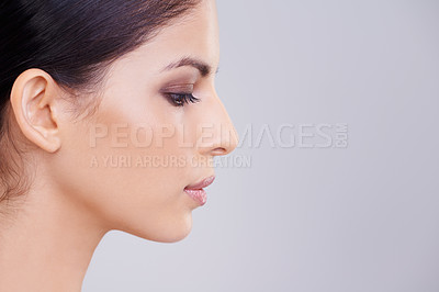 Buy stock photo Woman, face and profile with beauty and skin, dermatology and mockup space with cosmetics on white background. Makeup, transformation and healthy glow for wellness, skincare and self care in studio