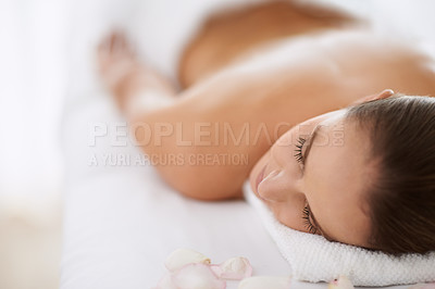 Buy stock photo Woman, massage and ready for treatment, lying and beauty therapy for body care at spa. Female person, relax and serene or dermatology, cosmetics and rest at resort hotel and peace or pamper at salon