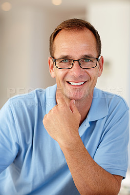 Buy stock photo Portrait, man or glasses in vision, optometry or health of eye, glaucoma or focus on confident care. Mature optician, frame or smile at ophthalmology, prescription or services in eyewear clinic