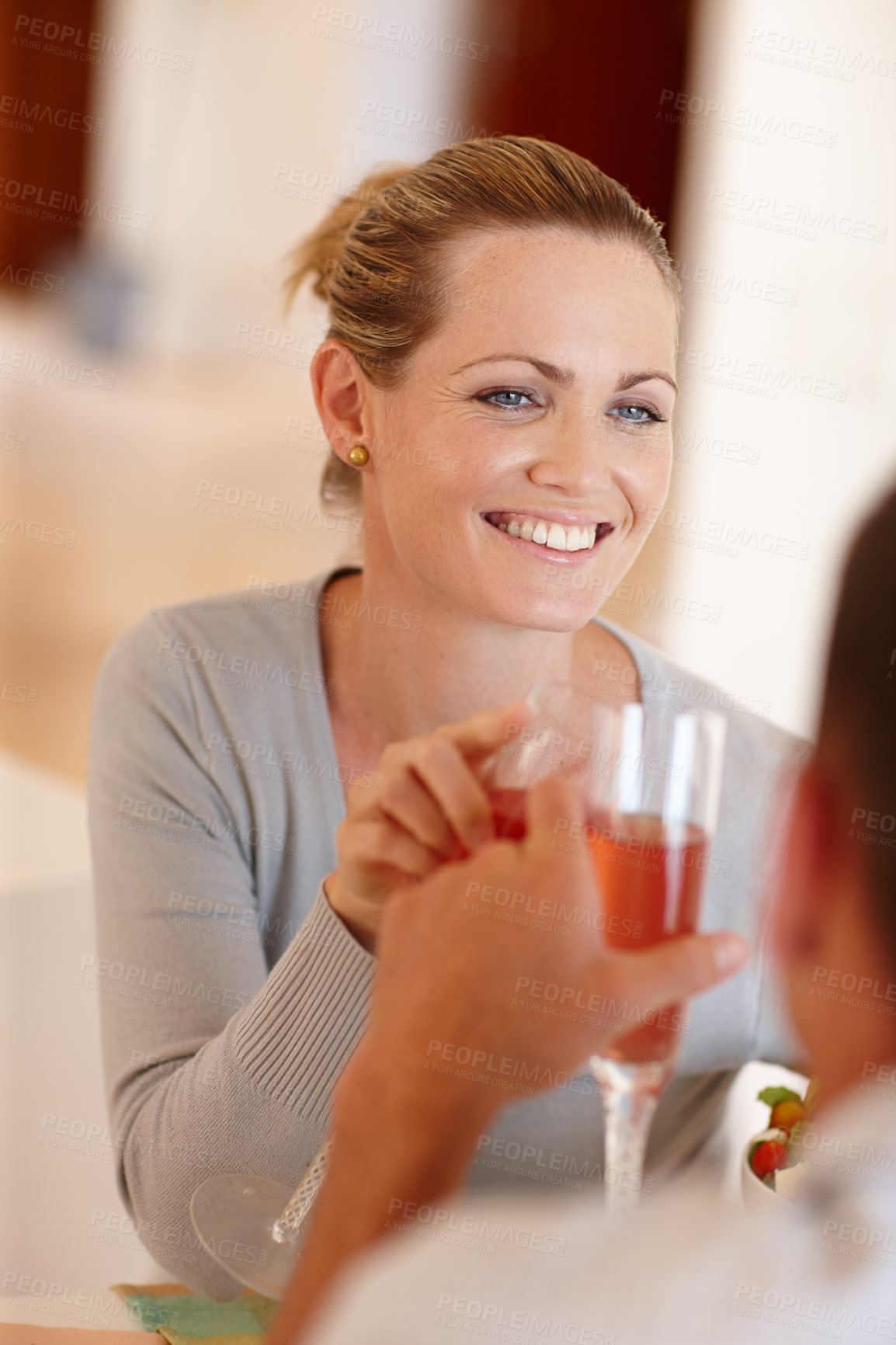 Buy stock photo Woman, toast and couple with wine for celebration, love and smile for marriage milestone in home. Happy, glasses and cheers for relationship achievement, romance and people bonding in apartment