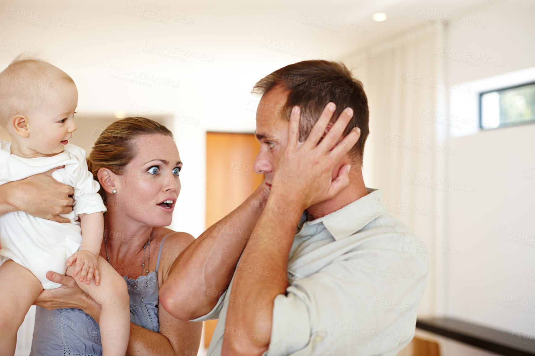 Buy stock photo Couple, child and argument with home, family problem and frustration or anger for domestic life. Father, mother and kid in house, living room and problem with communication for parenting relationship