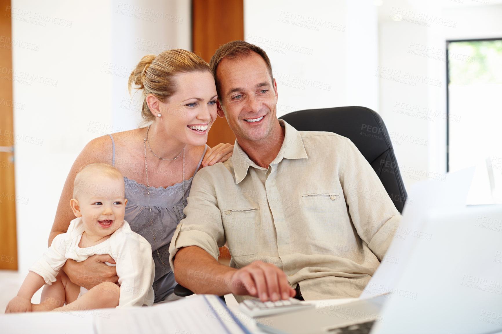 Buy stock photo Parents, baby and laptop for home budget, planning and happy with finance, taxes or loan registration. Mother, father or family with child and computer for investment, savings and asset management