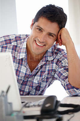 Buy stock photo Man, portrait and laptop at office desk with smile as internet software developer for website research, report or small business. Male person, face and online communication, company or entrepreneur
