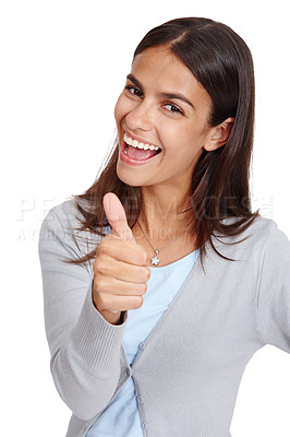 Buy stock photo Hand, thumbs up emoji and portrait of a woman in studio for winning, success and thank you. Happy female with yes, vote and like sign for deal, sale or discount isolated on a white background