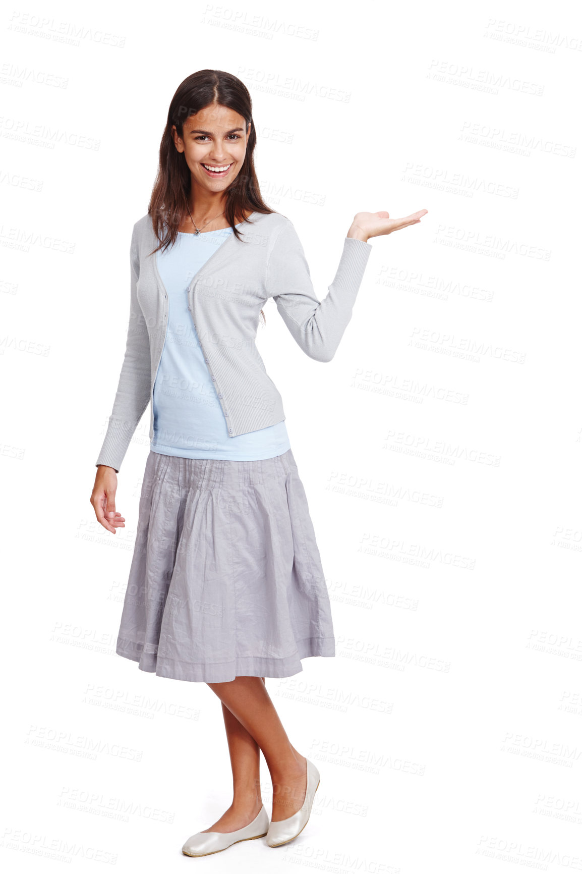 Buy stock photo Happy, casual and woman with product mockup in a studio for placement, marketing or advertising. Fashion, portrait and female model weighing mock up space with her hand isolated by a white background