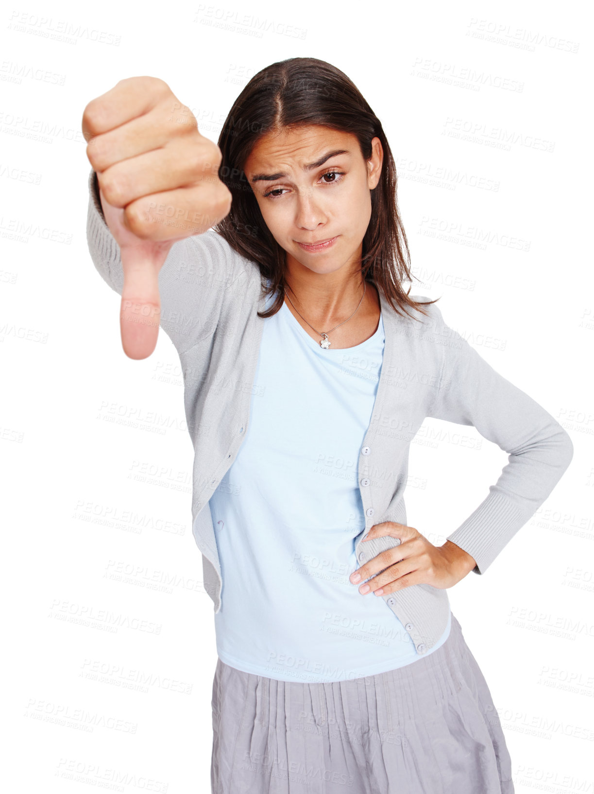 Buy stock photo Thumbs down, bad and young woman in studio with a stylish, trendy and casual cool outfit. Unhappy, upset and female model with a negative or disagree hand sign or gesture isolated by white background