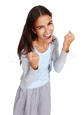 Buy stock photo Business woman and happy winner portrait for career victory, success and milestone with excited smile. Celebration, happiness and achievement of young worker  on isolated white background. 