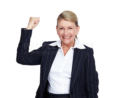 Buy stock photo Business woman, winner and success with corporate achievement, goals and leadership isolated on white background. Champion, portrait and professional win with happy senior executive and motivation