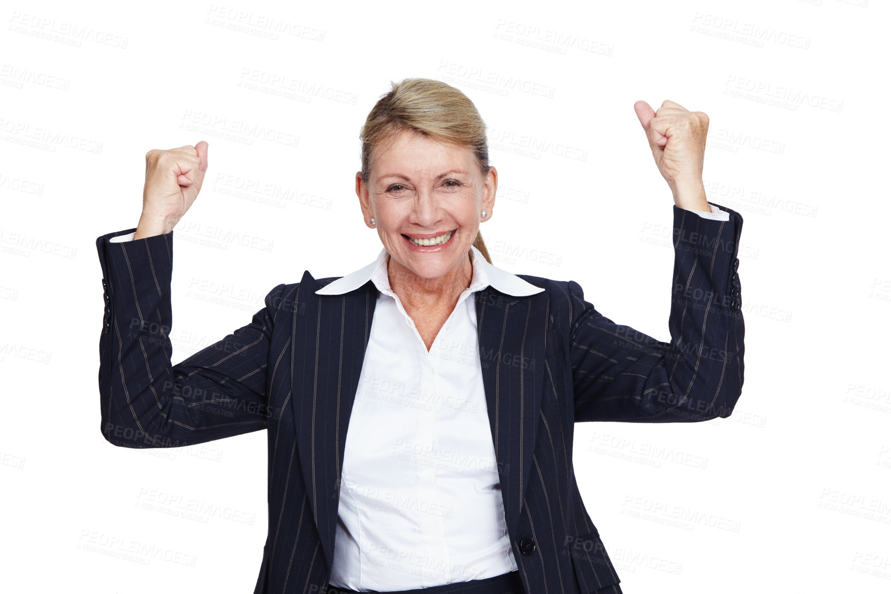 Buy stock photo Business woman, winner and success with professional achievement, goals and leadership isolated on white background. Champion, portrait and corporate win with happy senior executive and motivation