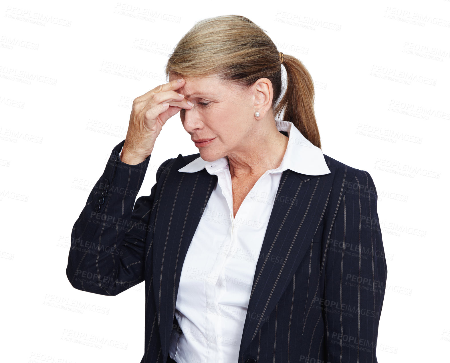 Buy stock photo Mental health, stress or business woman with headache problem, work burnout anxiety and depressed over job mistake. Career fail, studio depression crisis or sad corporate employee on white background