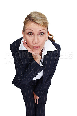 Buy stock photo Wow, surprise and business woman on a white background for office gossip, secrets and information. Corporate fashion, manager and senior worker isolated in studio with shock, omg and amazed face