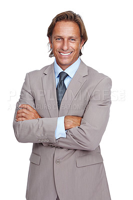 Buy stock photo Business man, portrait and ceo, arms crossed and smile for success in leadership, executive isolated on white background. Businessman, corporate manager and motivation, vision and professional goals