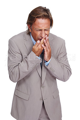 Buy stock photo Business man, toothache and pain in studio, isolated white background and medical emergency. Employee, model and dental teeth problem, mouth inflammation and gum wellness from stress, health and sick