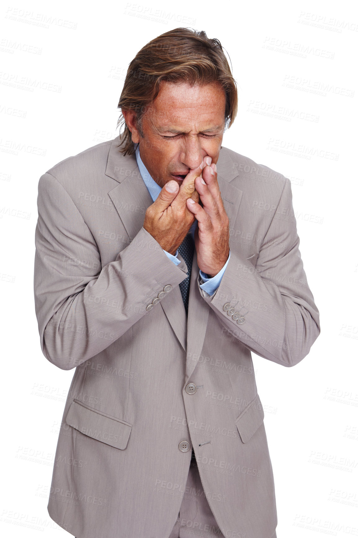 Buy stock photo Business man, toothache and pain in studio, isolated white background and medical emergency. Employee, model and dental teeth problem, mouth inflammation and gum wellness from stress, health and sick