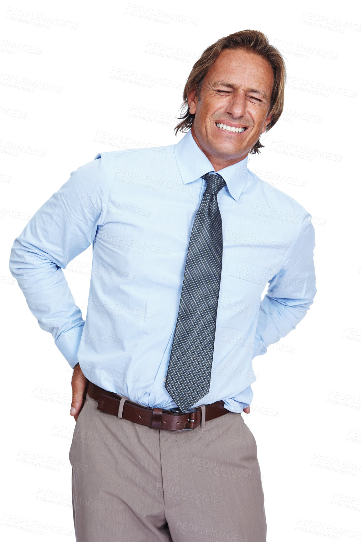 Buy stock photo Back pain, injury and medical emergency with a business man in studio isolated on a white background. Spine, anatomy and backache with a male employee holding his injured back in discomfort