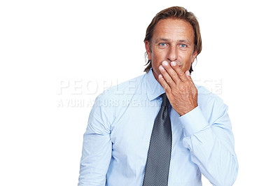 Buy stock photo Portrait, wow and mockup with a business man in studio isolated on a white background looking shocked. Hand, surprise and branding with a handsome male employee standing on blank space for a logo