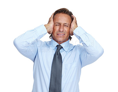 Buy stock photo Thinking, corporate and headache of man with burnout overwhelmed with career problem, fatigue or mistake. Depression, anxiety and tired businessman with breakdown at isolated white background.