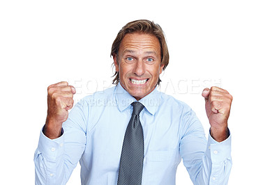 Buy stock photo Frustration, fist and portrait of a businessman in studio with an angry facial expression for bad news. Upset, stress and frustrated corporate male model with a problem isolated by white background.