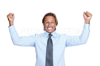 Buy stock photo Celebration, fists and portrait of a businessman in studio excited about a job promotion or good news. Winning, celebrate and corporate male model celebrating achievement isolated by white background