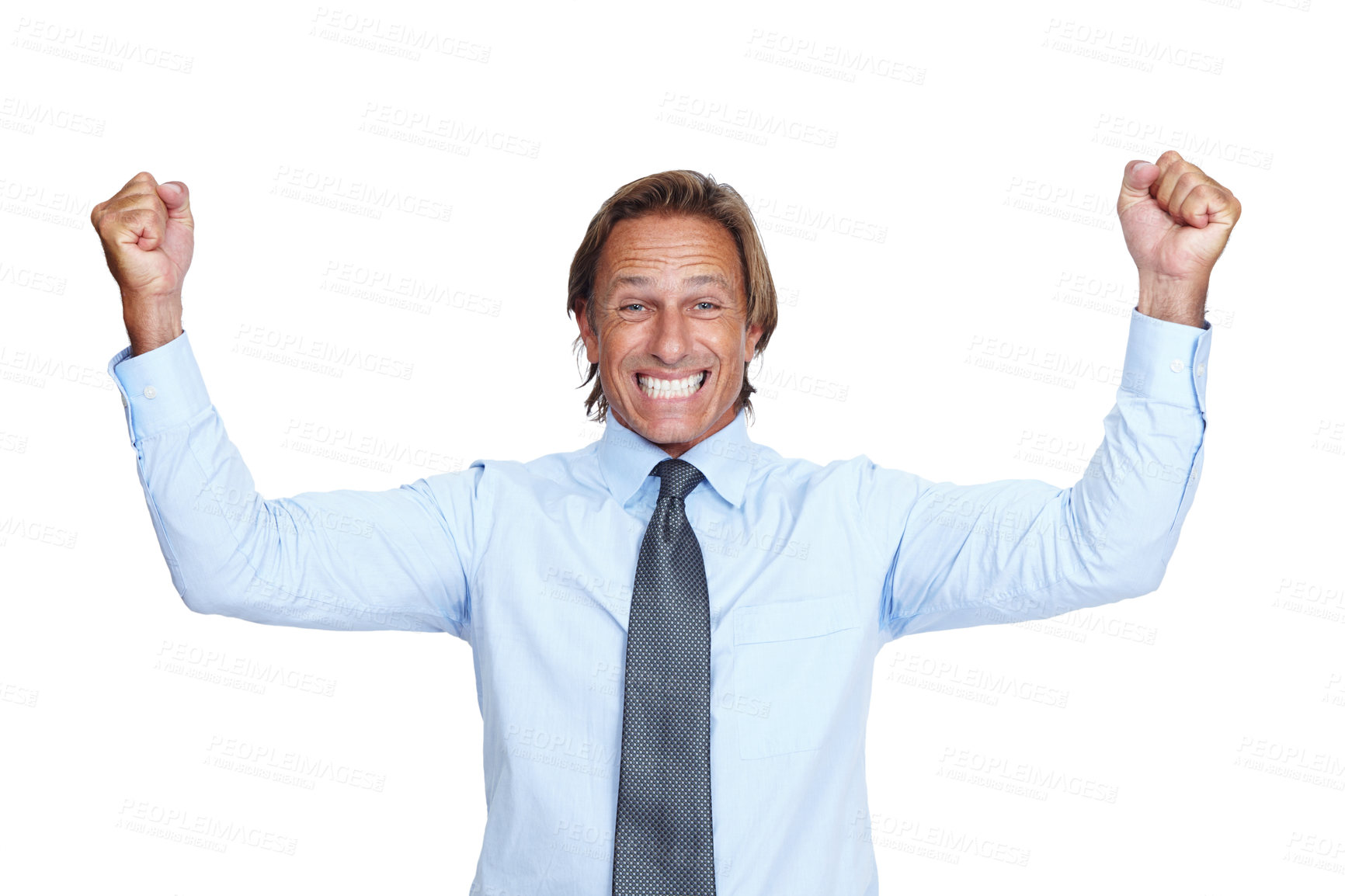 Buy stock photo Celebration, fists and portrait of a businessman in studio excited about a job promotion or good news. Winning, celebrate and corporate male model celebrating achievement isolated by white background