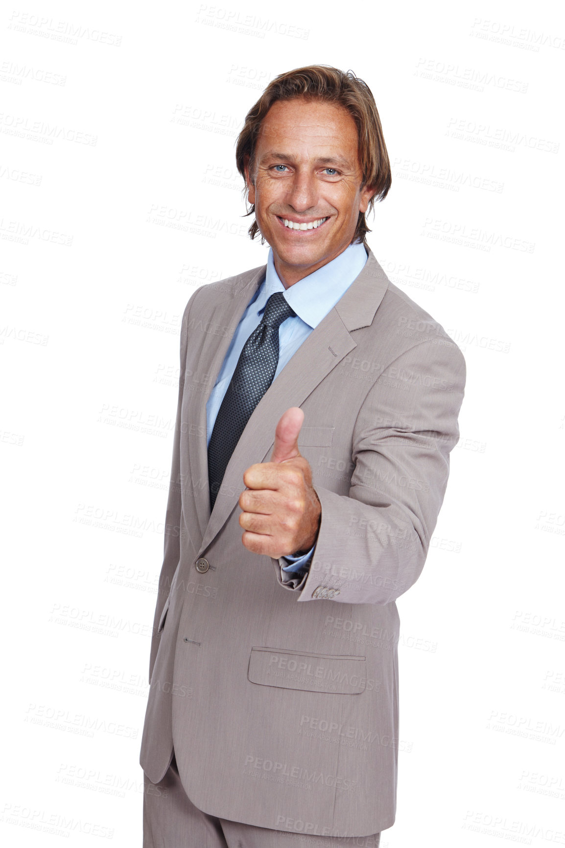 Buy stock photo Mature businessman, portrait or thumbs up hand on isolated white background for success, growth or finance motivation. Smile, happy or leadership and thumb, yes gesture or winner good luck on mock up