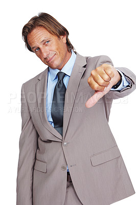 Buy stock photo Businessman, thumbs down and bad news, disappointment or failure against a white studio background. Portrait of a isolated business man pointing down thumbs in disapproval, wrong or incorrect gesture