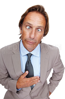 Buy stock photo Comedy, crazy and man portrait of a business man with a silly face and suit with white background. Comic, joke and crossed eyes of a vertical executive isolated with funny face and humor being goofy 