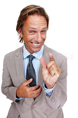 Buy stock photo Portrait, hand and size with a business man in studio isolated on a white background to measure performance. Review, scale and measure with a male employee making a gesture or sign on blank space