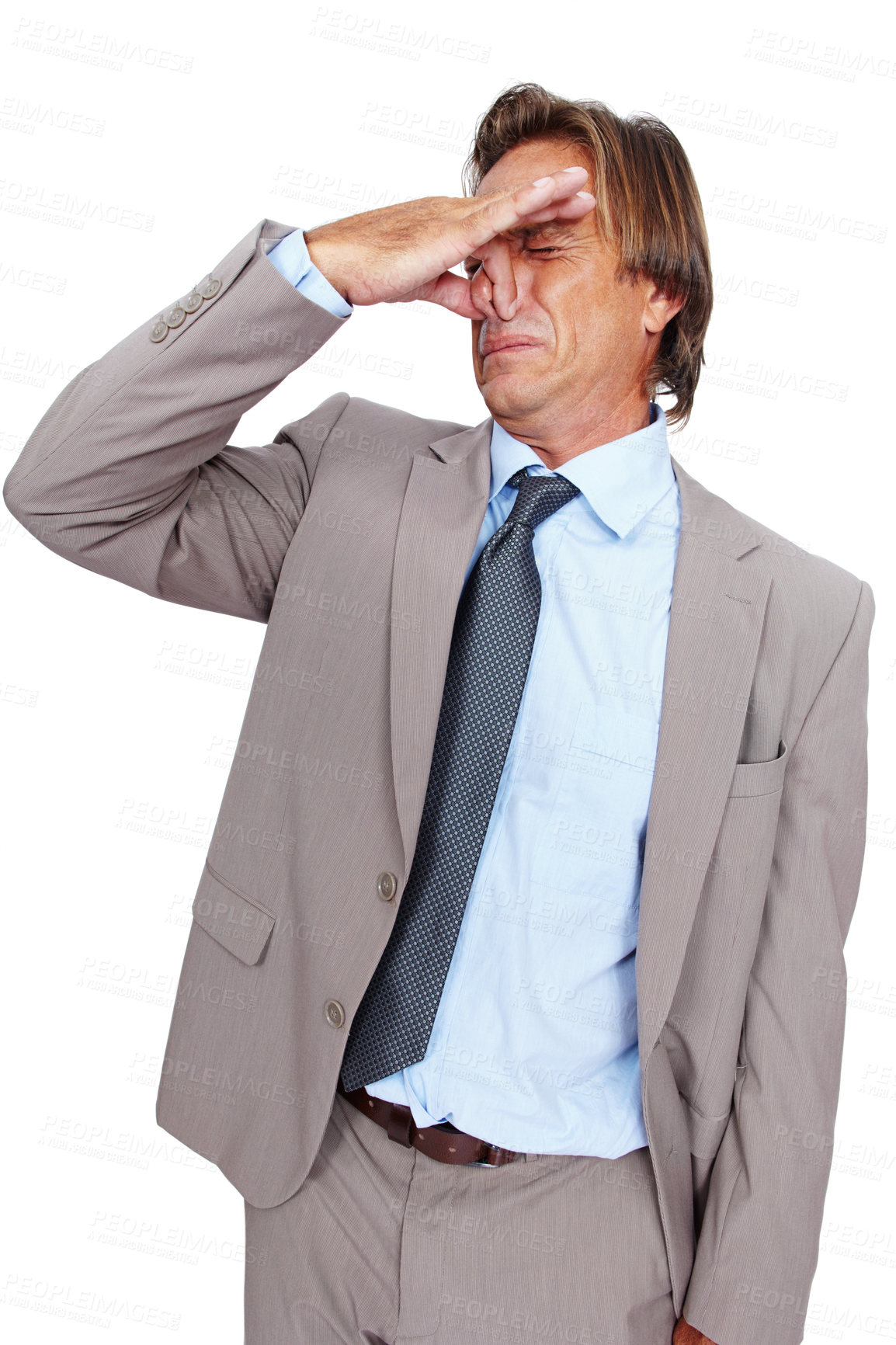 Buy stock photo Businessman, holding nose and disgust for bad smell, odor or breath against white studio background. Isolated man wearing suit with disgusted expression for stink, scent or aroma on white background