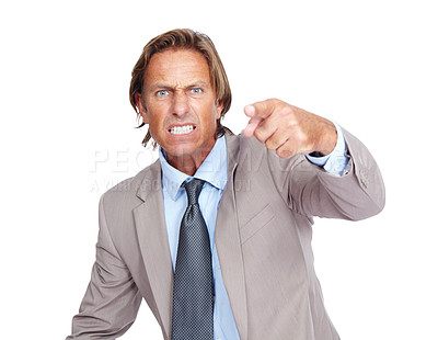 Buy stock photo Hand point, angry and corporate man portrait of a business manager feeling frustrated. Isolated, white background and anger of a upset ceo person from work in a suit with job problems and conflict