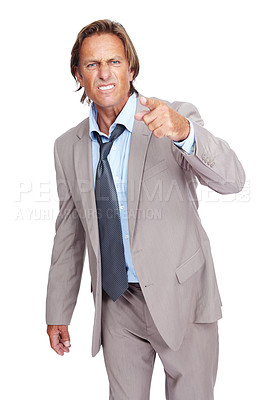 Buy stock photo Point, angry and business man portrait of a professional manager feeling frustrated. Isolated, white background and anger of a upset person from work in a suit with job problems and conflict