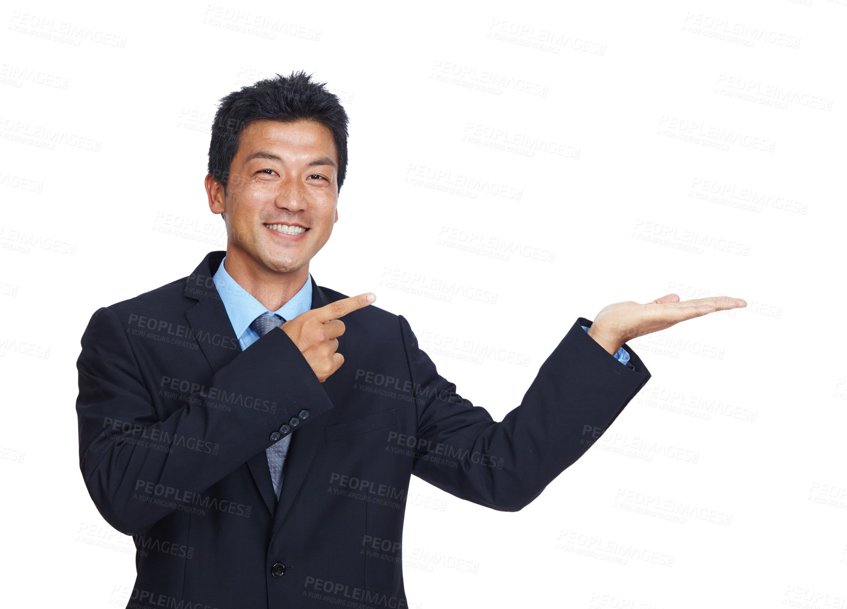 Buy stock photo Businessman portrait, pointing or hand palm on isolated white background for finance investment or insurance deal. Smile, happy worker or corporate asian showing marketing space or advertising moc up