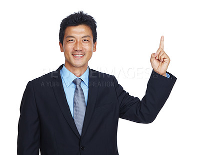 Buy stock photo Happy businessman, portrait or pointing up hand on isolated white background at finance sale or mockup deal. Smile, worker or corporate asian showing marketing space, advertising or promotion mock up