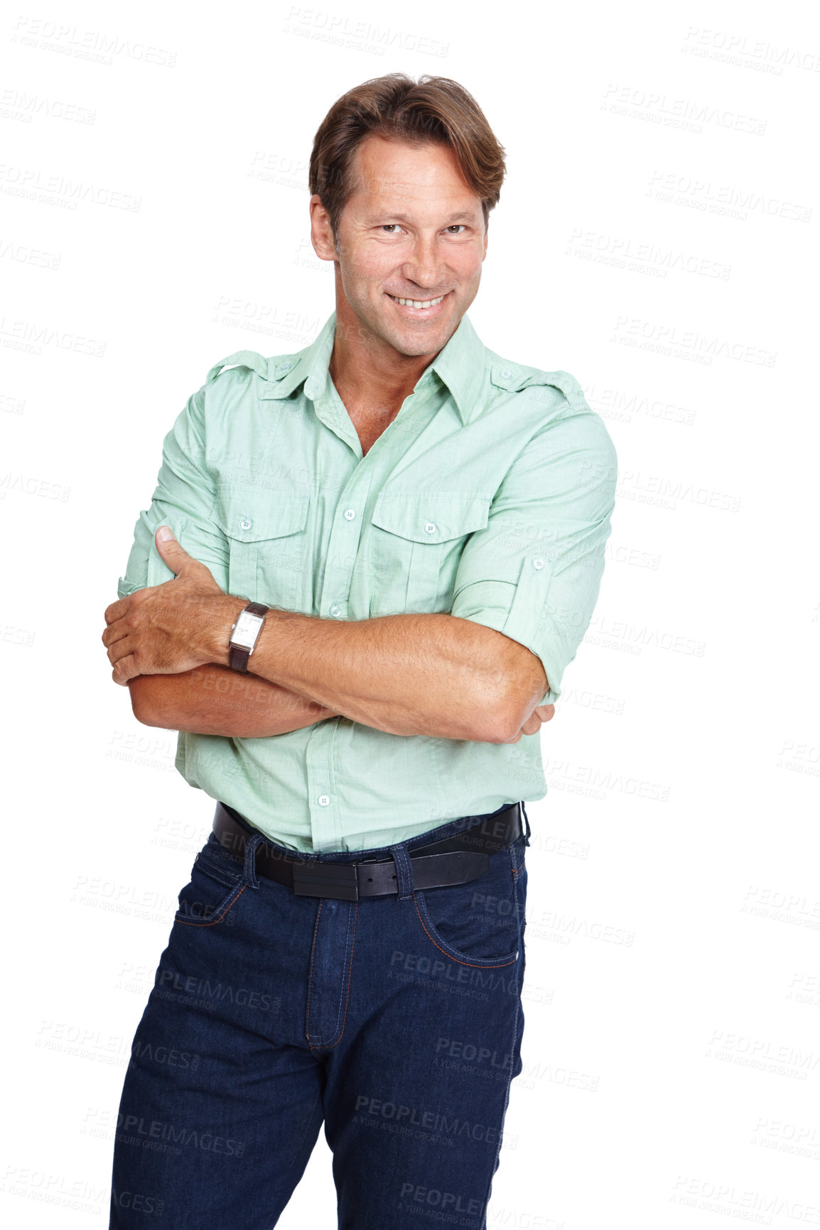 Buy stock photo Mature man, portrait or arms crossed on isolated white background in property ideas, real estate innovation or goals. Smile, happy realtor and mortgage manager with growth mindset on about us mockup