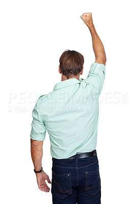 Buy stock photo Man, first and back standing in victory for winning, discount or sale against a white studio background. Isolated male with arm in the air for achievement, goal or accomplishment for success