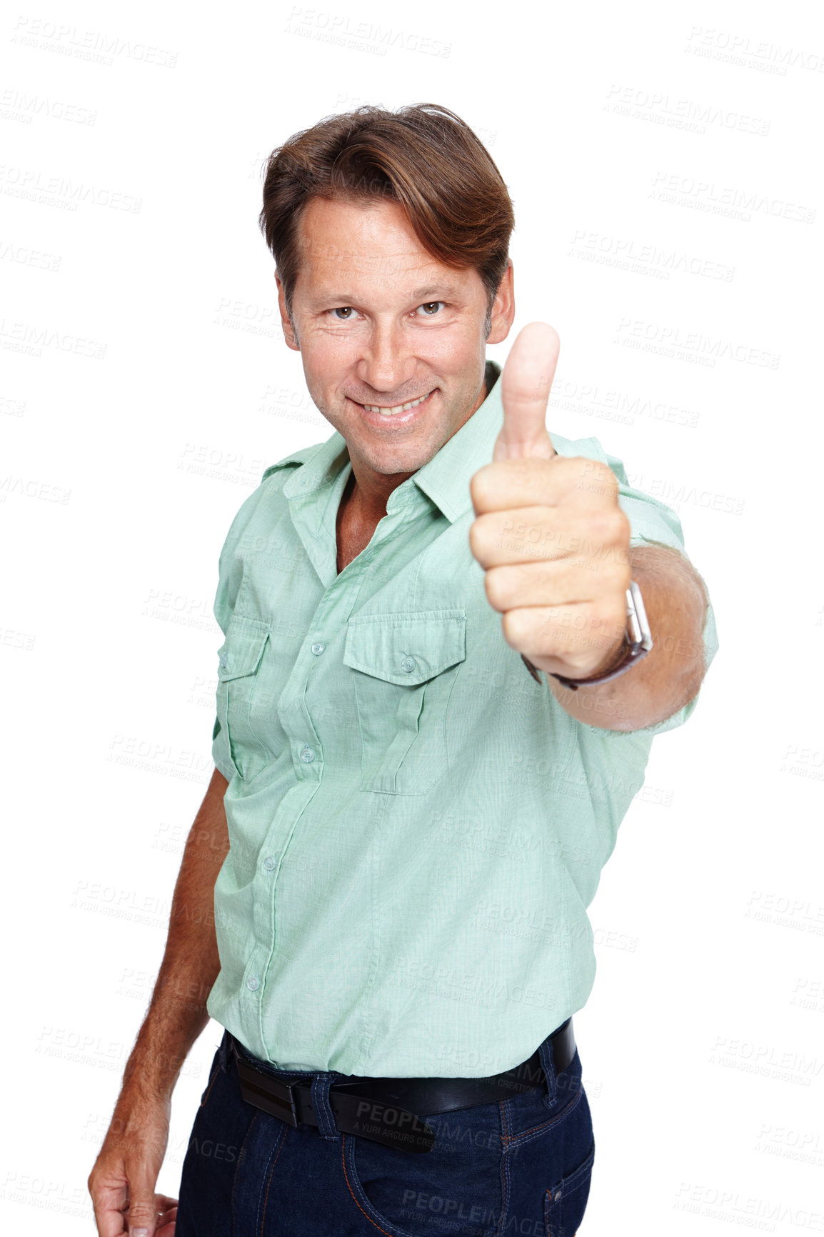 Buy stock photo Man, studio portrait and thumbs up with smile, casual fashion and yes by white background with happiness. Happy middle aged man, hand sign and agreement with success, isolated or confident with shirt