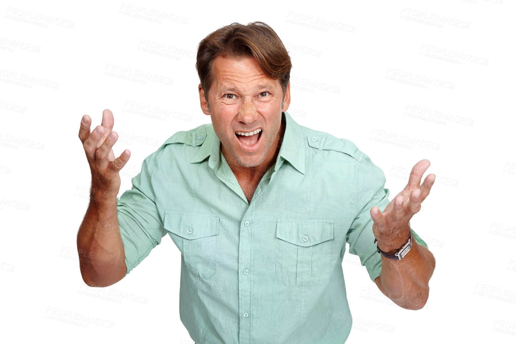 Buy stock photo Portrait, angry and frustrated with a man in studio isolated on a white background feeling negative or upset. Stress, anger and unhappy with a male posing on blank space feeling mad or annoyed