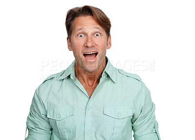 Buy stock photo Shock, portrait and amazed man in a studio with a omg, wow and wtf facial expression. Shocked, surprised and happy male model in casual outfit with surprise or good news isolated by white background.