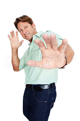 Buy stock photo Business man, hands and stop hand gesture portrait of a worker with white background. Isolated, studio and vertical employee with a happy smile of a corporate businessman ready for working and job