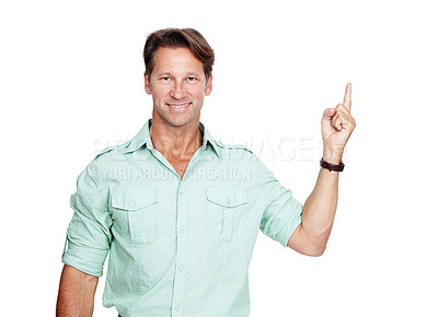 Buy stock photo Mature man, portrait or hand pointing up at marketing space, product placement or advertising white background. Smile, happy person or hand gesture showing promotion, sales deal or isolated discount