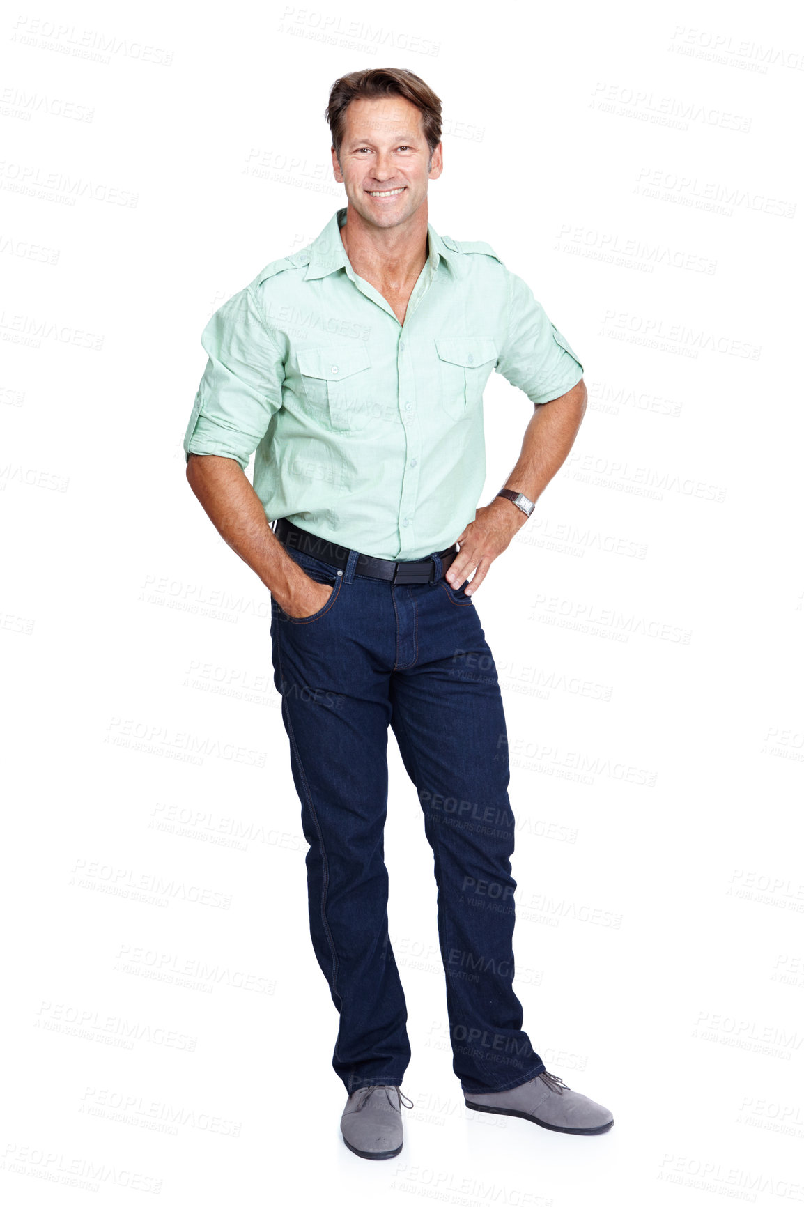 Buy stock photo Happy businessman, portrait or hands on hips on isolated white background with marketing goals or advertising ideas. Smile, mature or worker with success mindset, about us or growth innovation mockup