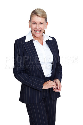 Buy stock photo Portrait, business and mockup with a senior woman in studio isolated on a white background for corporate branding. Manager, motivation and success with a mature female employee on blank space