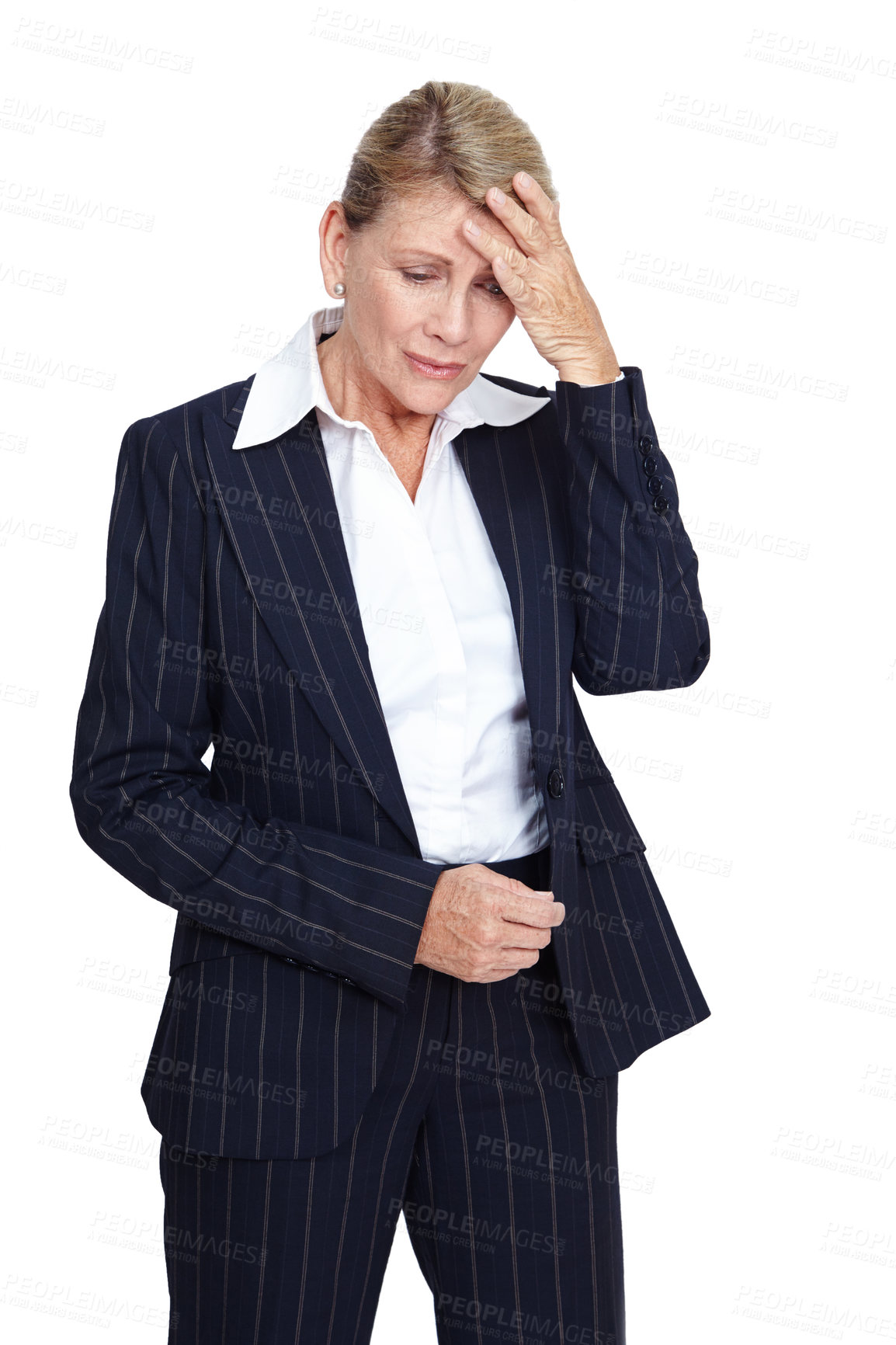 Buy stock photo Mental health, stress or sad business woman with anxiety problem, work burnout headache and depressed over job mistake. Career fail, studio depression crisis or corporate employee on white background