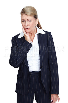 Buy stock photo Business woman, toothache and pain in studio, isolated white background and medical emergency. Employee, model and dental teeth problem, mouth inflammation and gum wellness from risk, health and sick