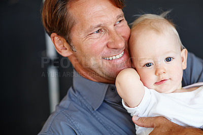 Buy stock photo Love, smile and portrait of man with baby for care, safety and childhood development on fathers day. Family, father and face of boy toddler with bonding, affection and support for infant growth